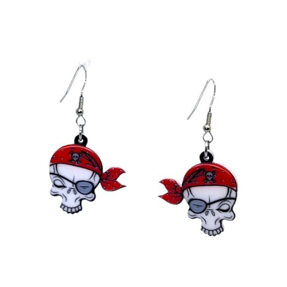 Acrylic Multi-Color Pirate Skull Drop Dangle Pierced Earrings - Picture 3 of 4